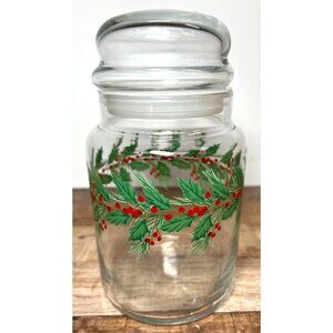 Vintage Clear Glass Christmas Jar With Holly Berry Design & Airtight Lid